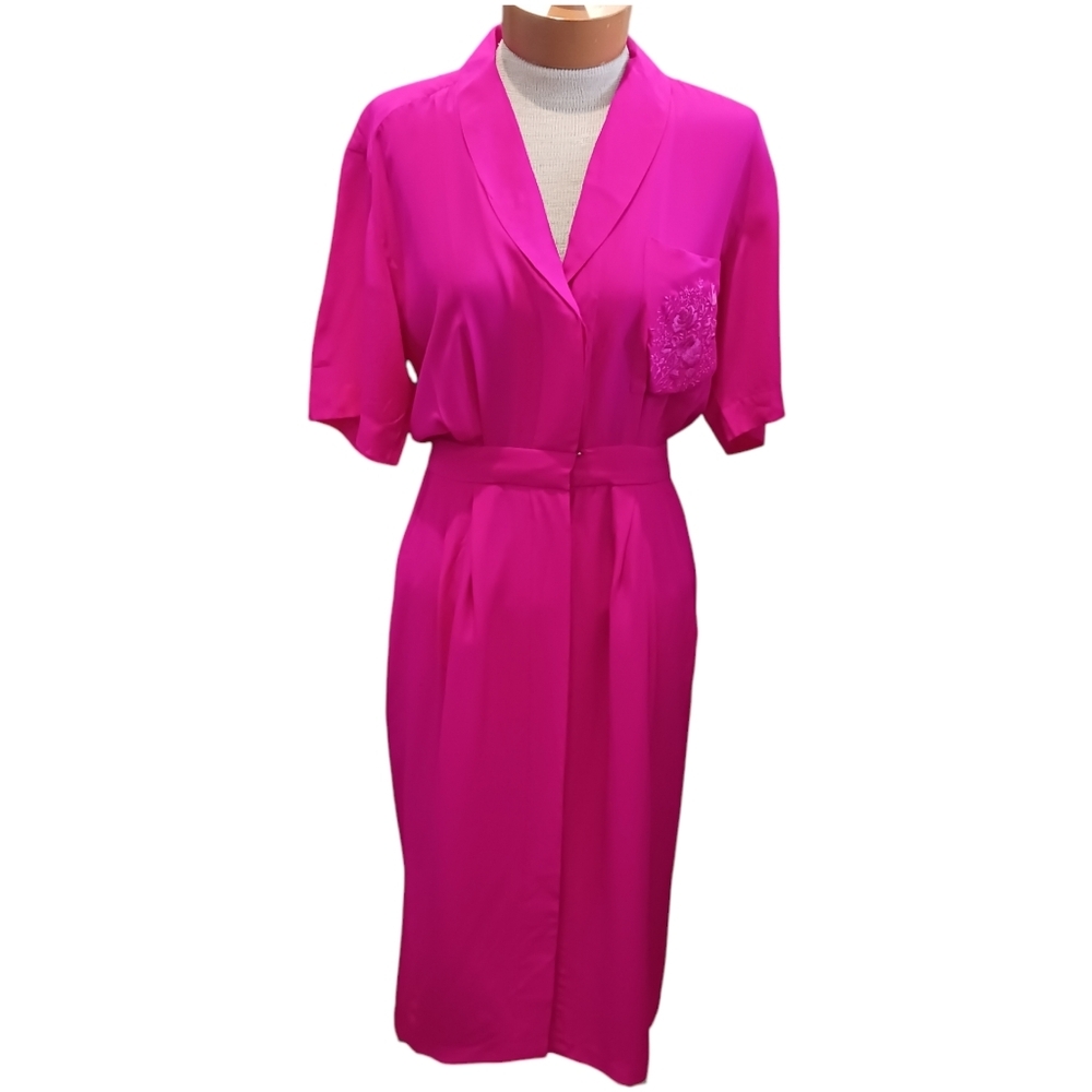 VINTAGE Spenser Jeremy Womens Silk Dress Midi Fuscia Pink Floral Size S/M Spring